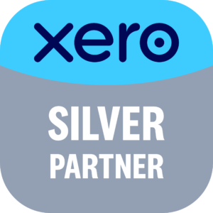 Xero logo on a blue oval badge with a gray background, displaying 'SILVER PARTNER' beneath it.