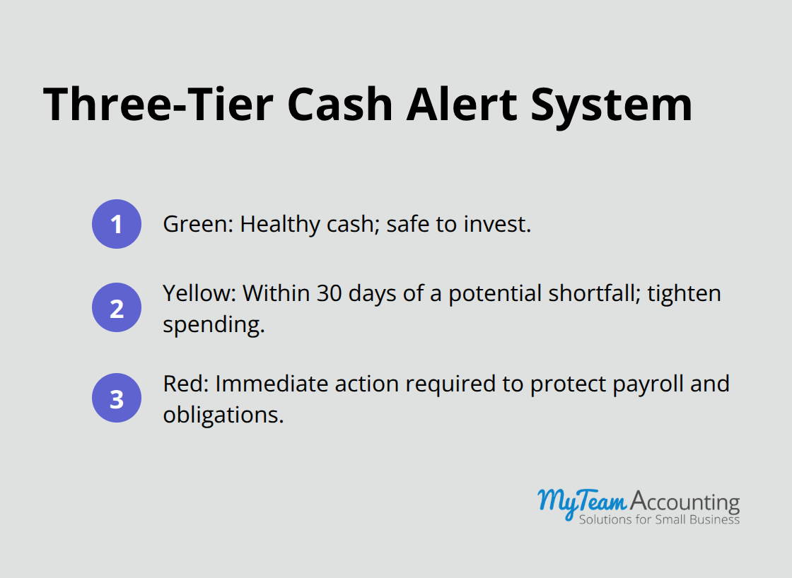 Compact list explaining green, yellow, and red cash flow alert tiers - Stabilize cash flow projections