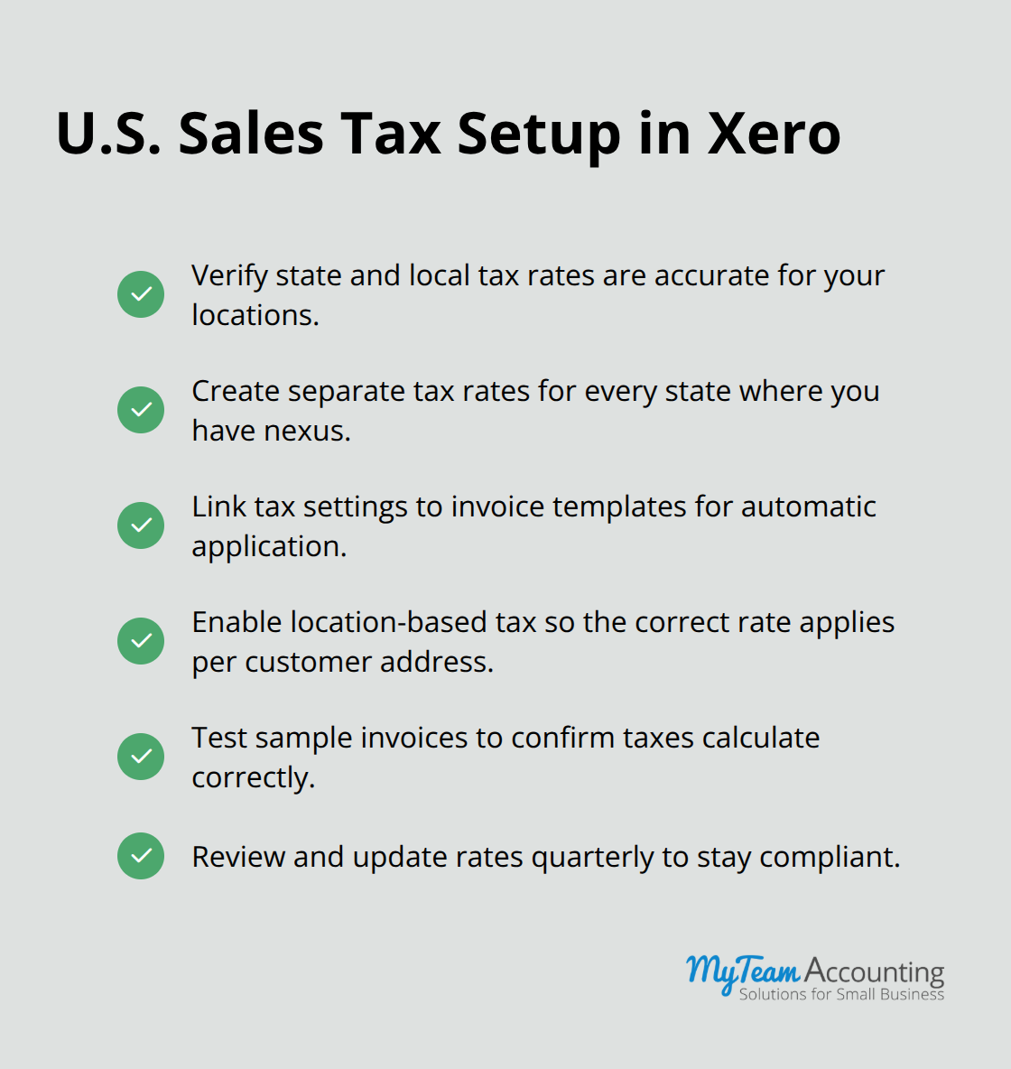 Checkmark list of steps to configure state and local sales tax correctly in Xero